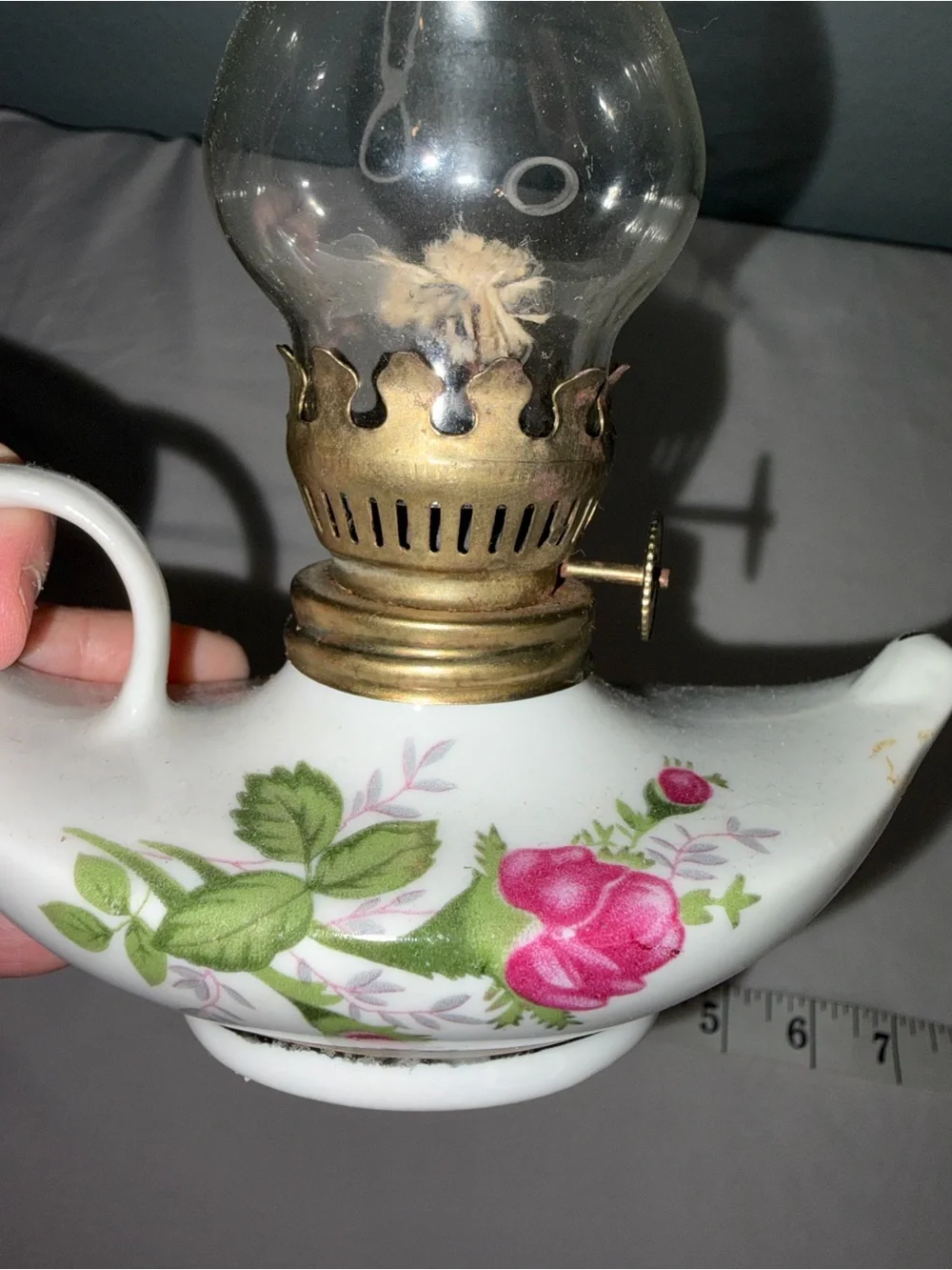 Miniature Vintage Floral Ceramic Oil Lamp with Glass Chimney perfect